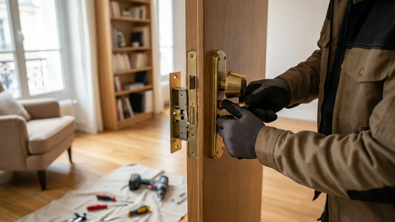 Serrurier remplaçant une serrure forcée sur une porte d'appartement dans le 12e arrondissement de Paris