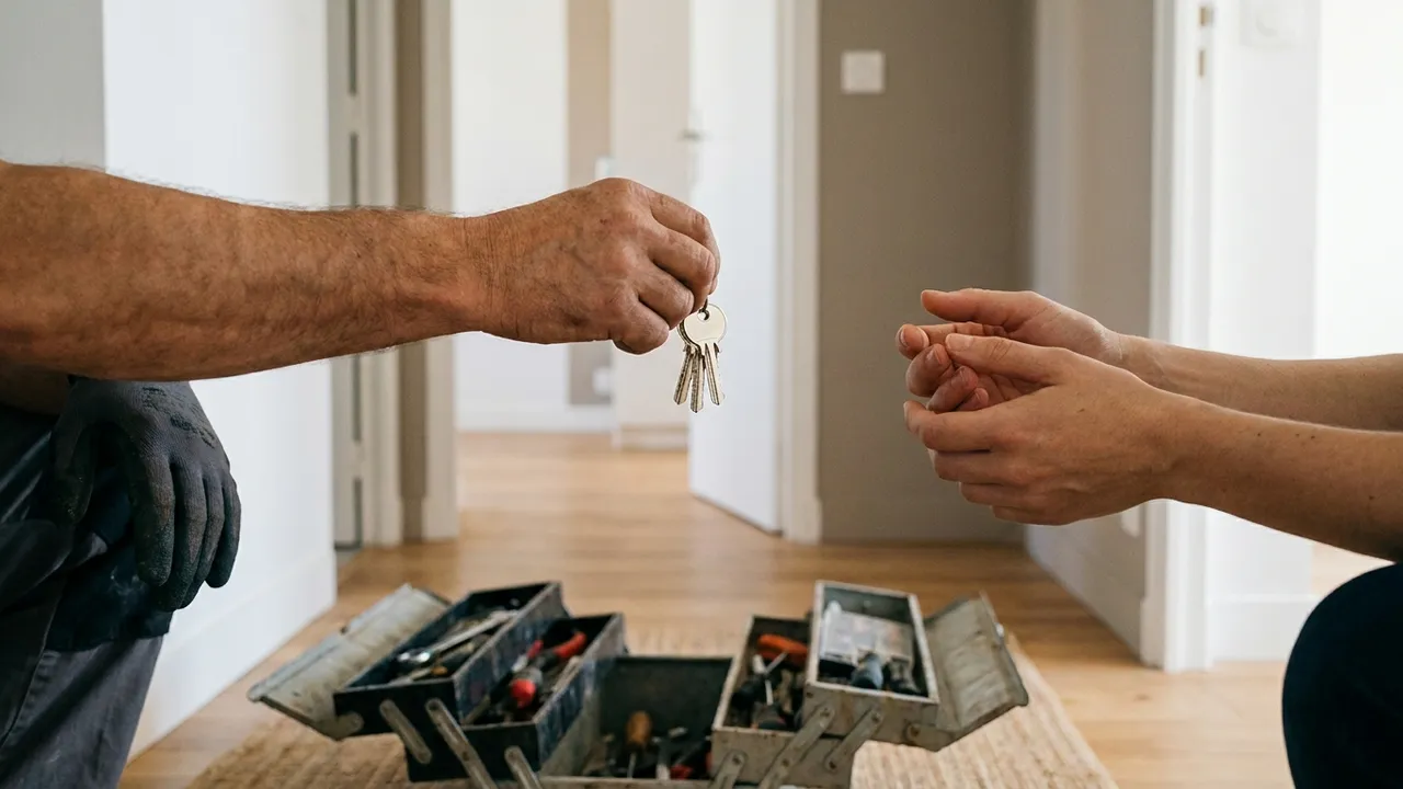Artisan serrurier présentant un devis écrit à une cliente dans un appartement du 12e arrondissement de Paris
